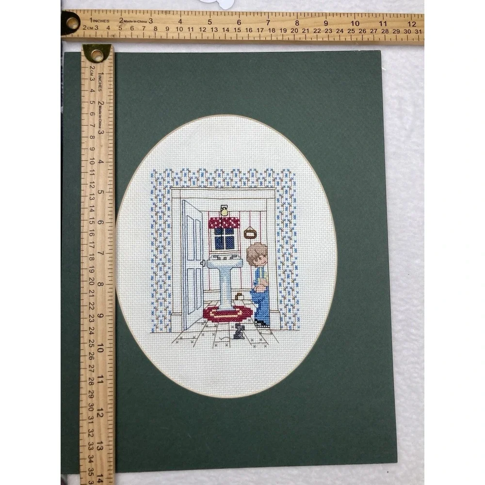 Vintage Counted Cross Stitch Bathroom Boy Girl Wall Art Pair Humor Matted Decor